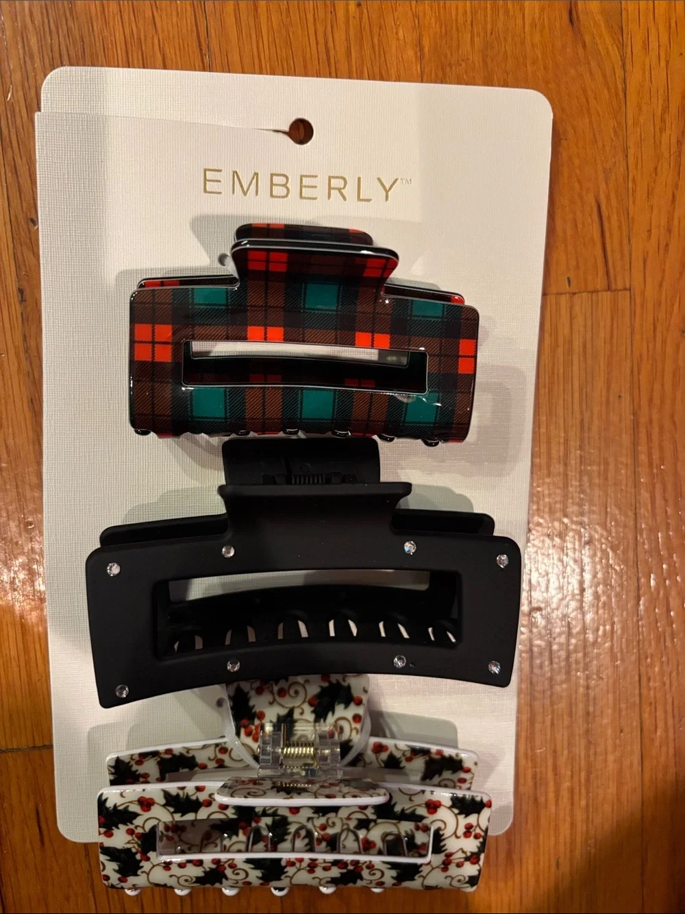 Emberly 3-Piece Holiday Hair Clip Set - Red Green Plaid, Black, White Holly New